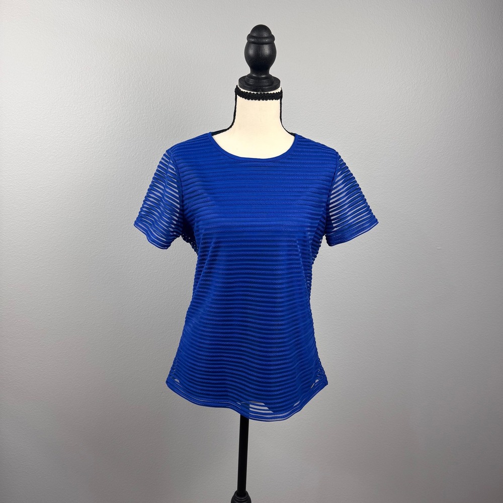 Calvin Klein Top Women Small Royal Blue New Sheer Mesh Textured Stripe 1195667